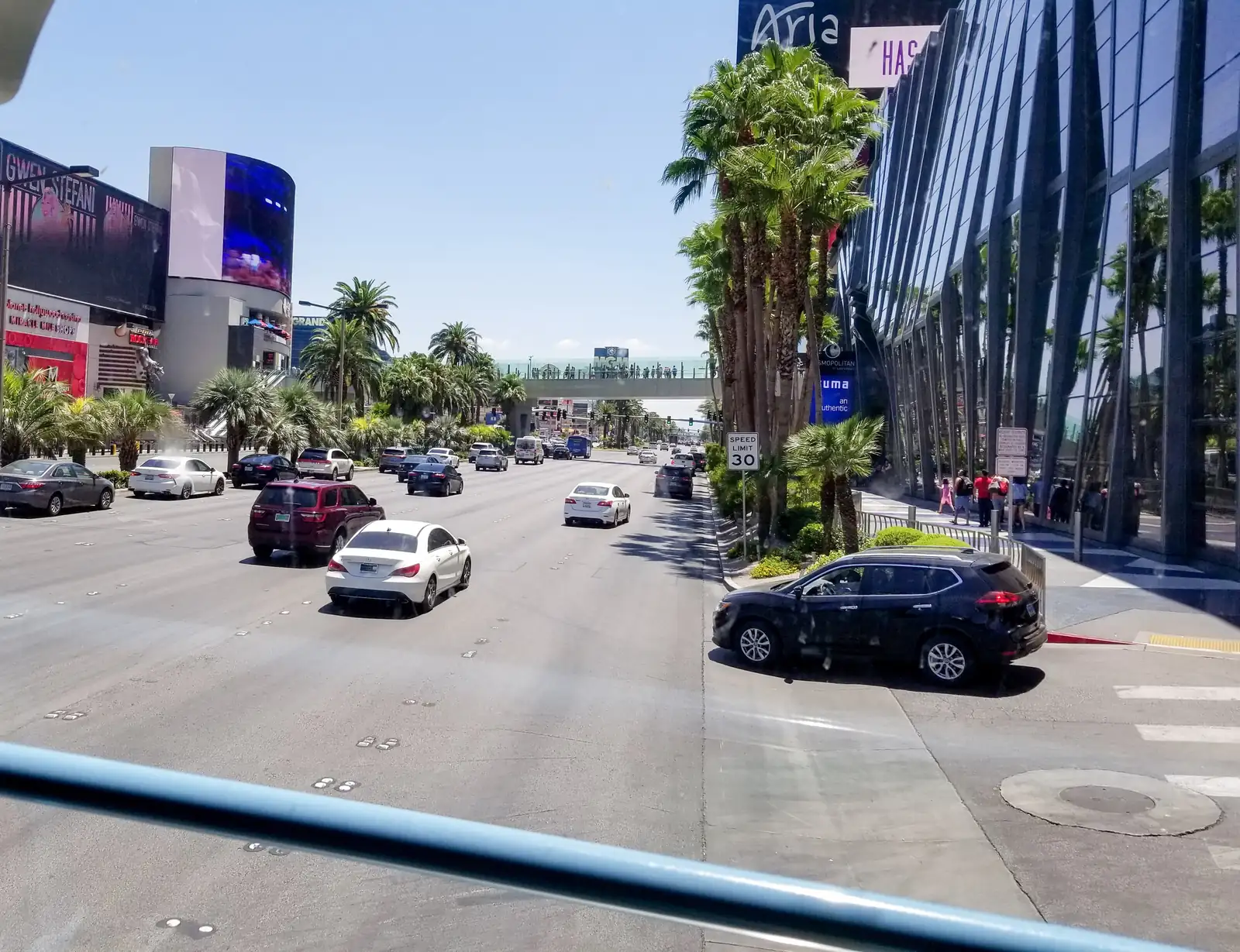 The Las Vegas Strip seen from the top deck of the Deuce bus, heading south.